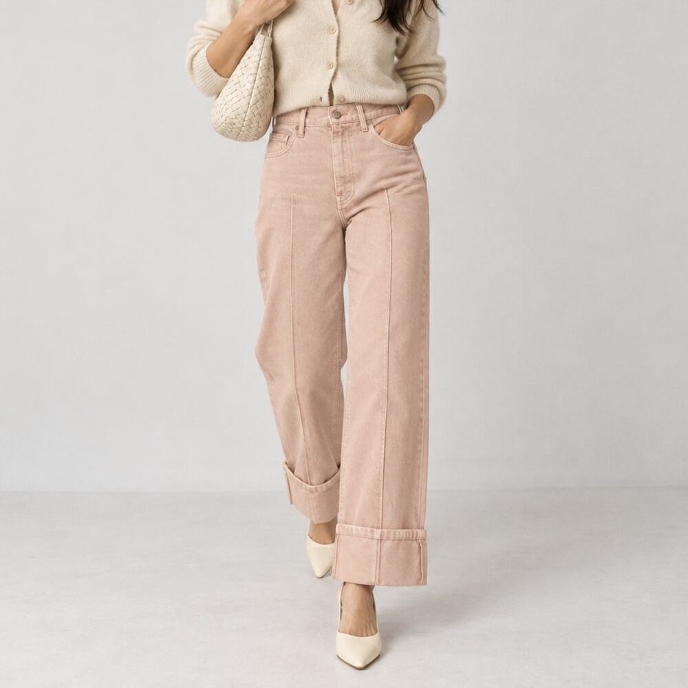 Ulla Johnson The Genevieve Jeans 27 Pink Denim High-rise Wide Leg Folded Cuff